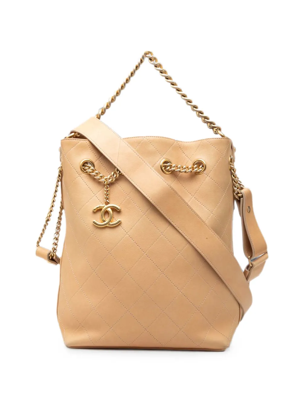 CHANEL Pre-Owned 2016-2017 Large CC Quilted Calfskin On My Shoulder Drawstring Bucket Bag satchel - Nude