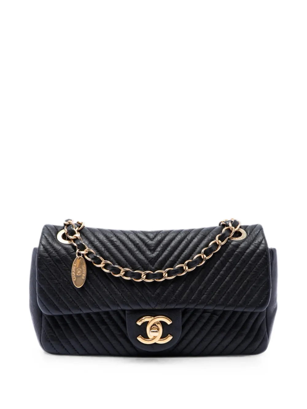CHANEL Pre-Owned 2014-2015 Small Chevron Wrinkled Calfskin Medallion Charm Surpique Flap shoulder bag - Schwarz