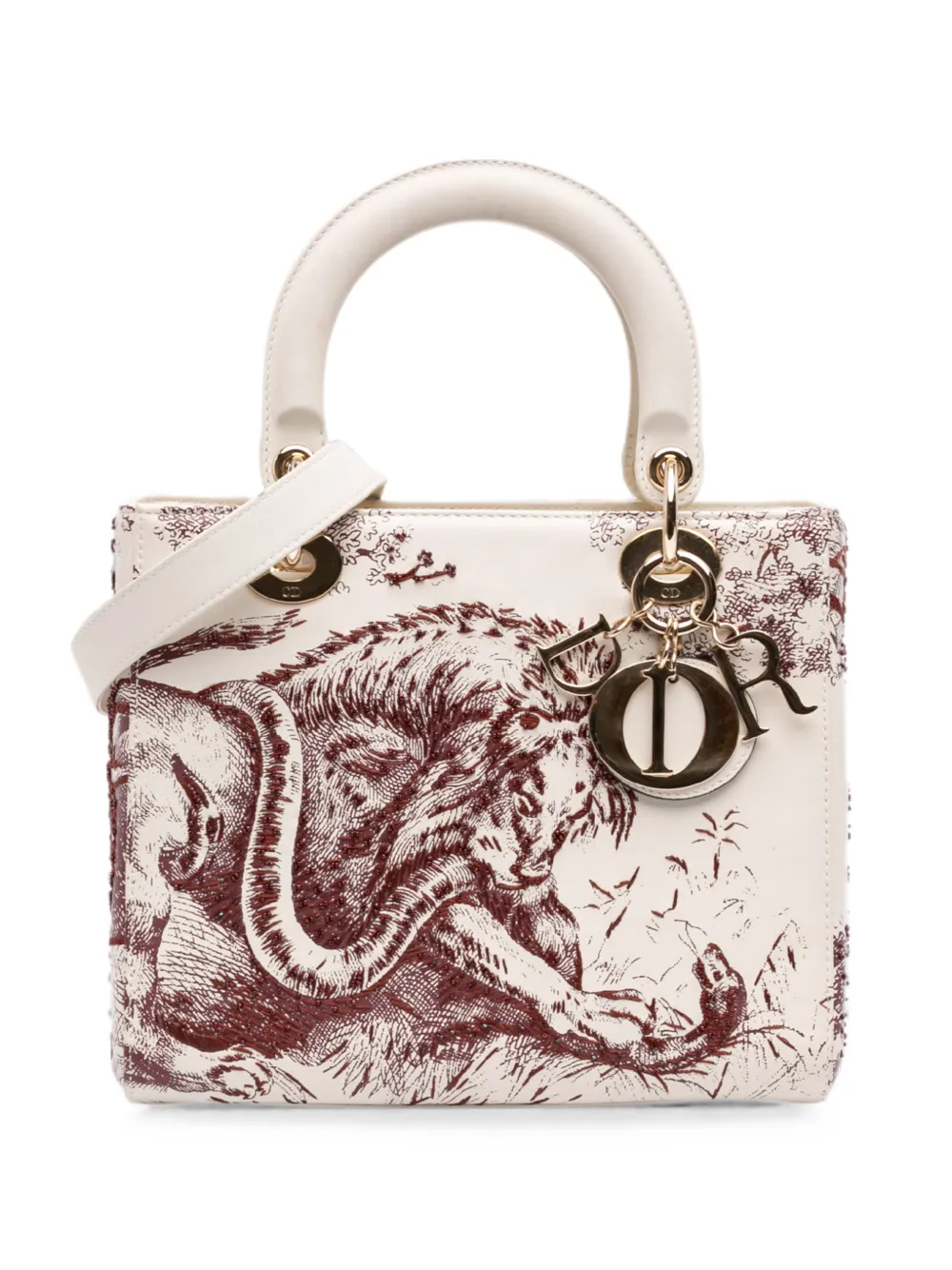 Christian Dior Pre-Owned 2018 Medium Smooth Calfskin Embroidered Beaded Toile de Jouy Lady Dior satchel - Bianco