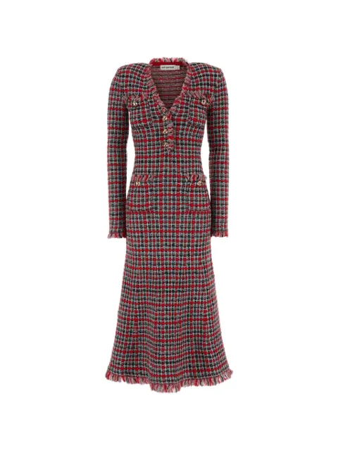 Self-Portrait check-knit frayed midi dress