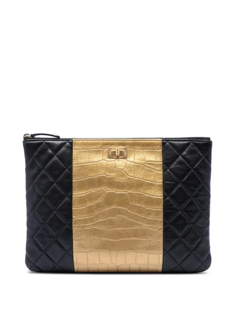 CHANEL Pre-Owned 2019 Quilted Lambskin and Crocodile Embossed Metallic Calfskin Reissue 2.55 clutch bag - Nero