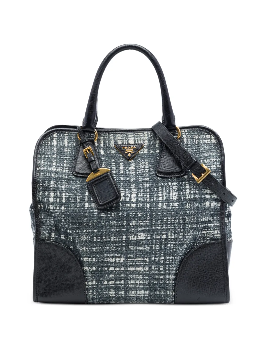 Prada Pre-Owned 2010-2026 Saffiano Trimmed Tweed Lux Shopping Tote satchel - Nero