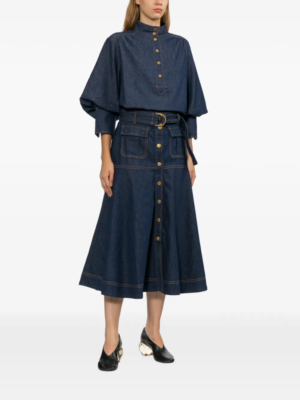 ZIMMERMANN Belted Button-front Skirt in Blue, view 2