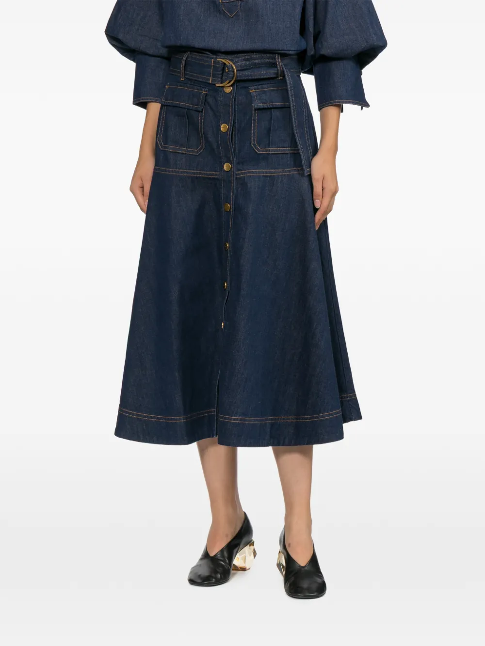 ZIMMERMANN Belted Button-front Skirt in Blue, view 3