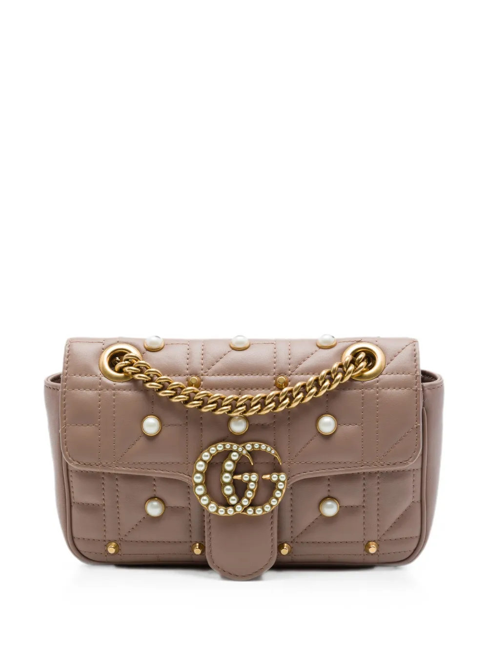 Gucci Pre-Owned 2016-2026 Small GG Marmont Pearl Studded Matelasse Calfskin Aria shoulder bag - Marrone