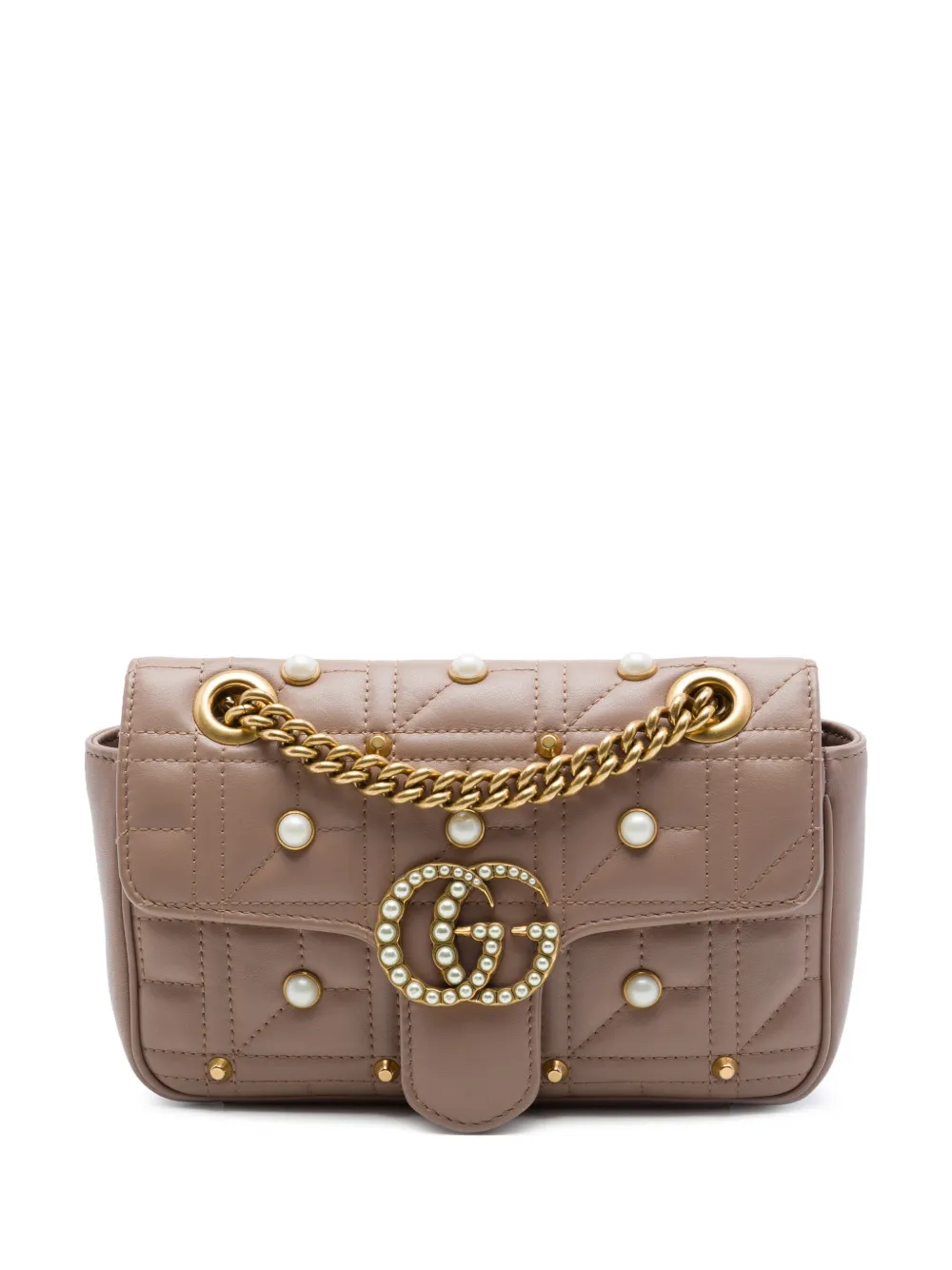 Gucci Pre-Owned 2016-2026 Small GG Marmont Pearl Studded Matelasse Calfskin Aria shoulder bag - Marrone