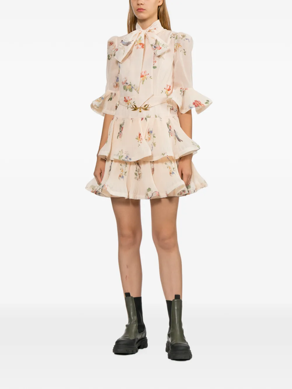 ZIMMERMANN Geplooide mini-jurk met lange mouwen Beige