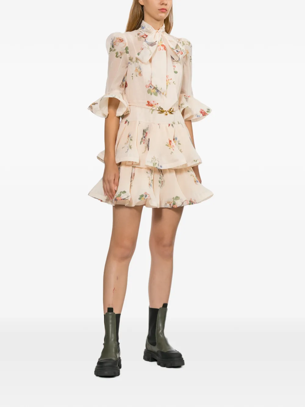 ZIMMERMANN Geplooide mini-jurk met lange mouwen Beige