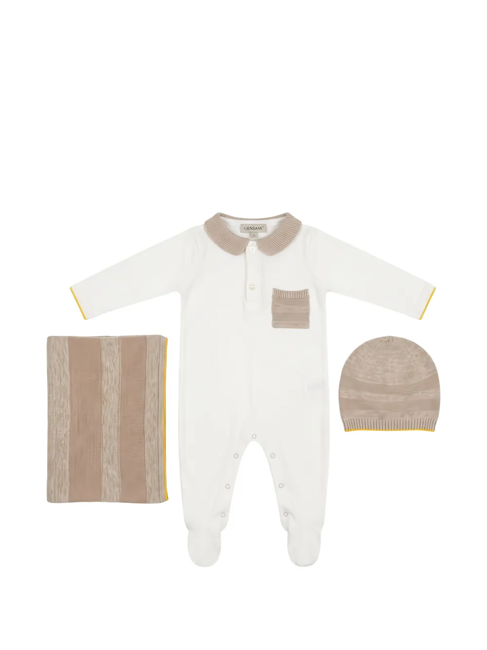 Gensami kids striped beanie hat and babygrow set (set of three) - Nude