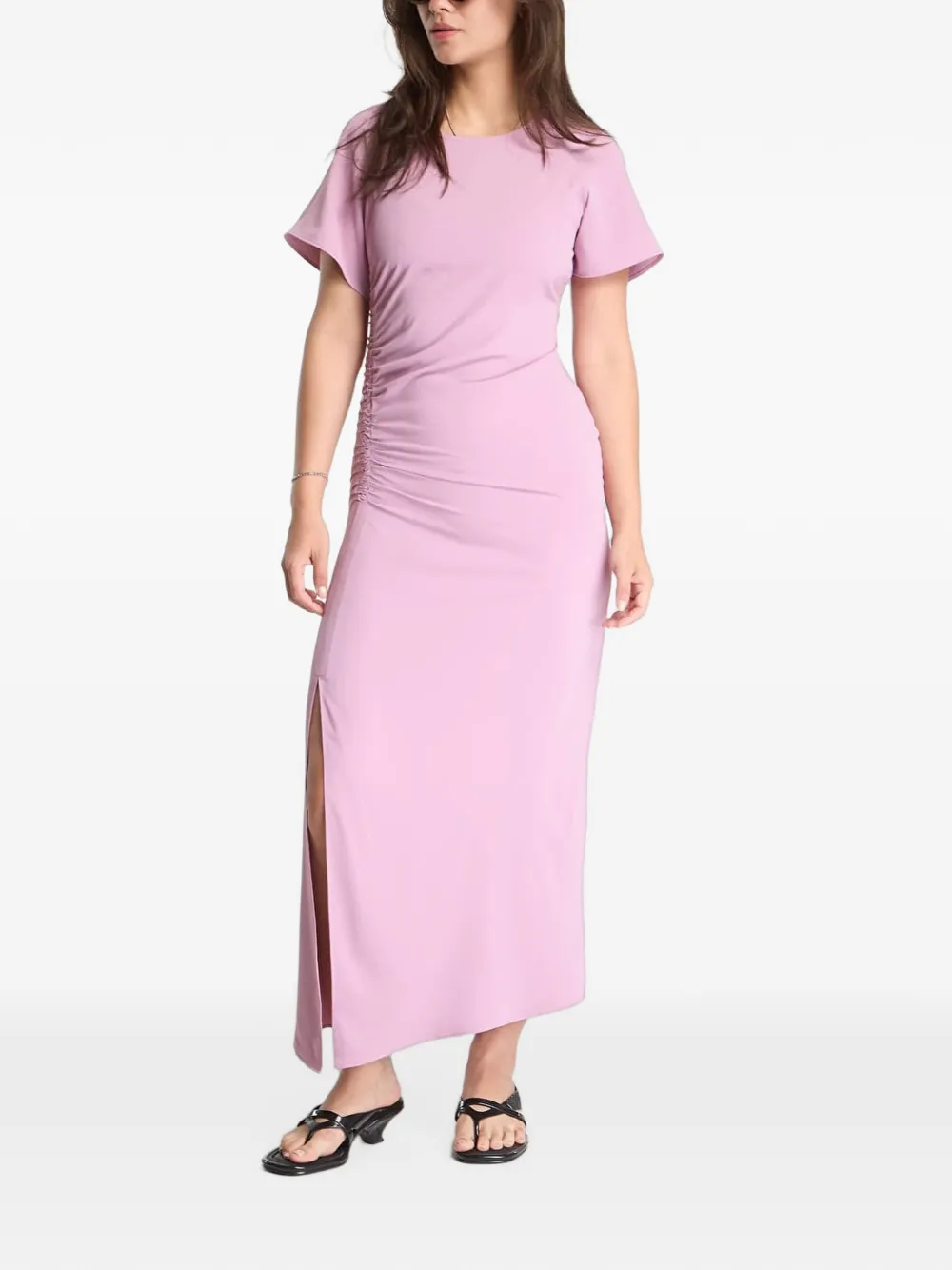 Samsoe & Samsoe Saalbero Ruched Side-slit Maxi Dress In Pink