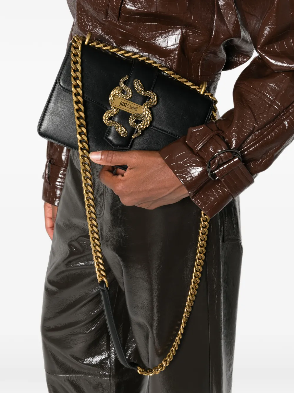 Just Cavalli Crossbodytas met slangen-plakkaat en ketting Zwart