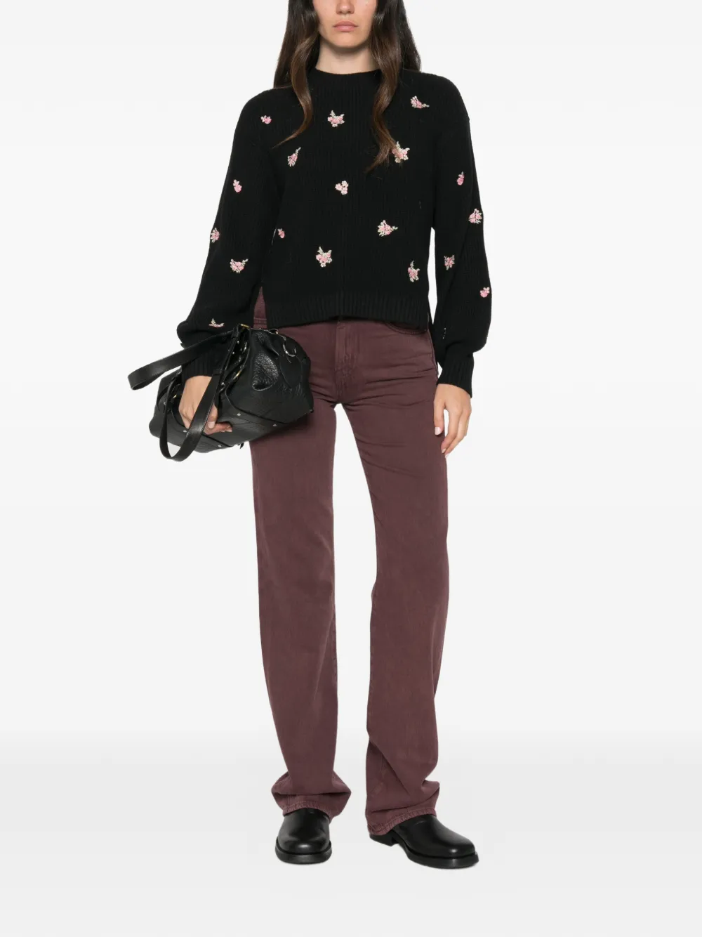 TWINSET Geribbelde trui met geborduurde bloemen Zwart