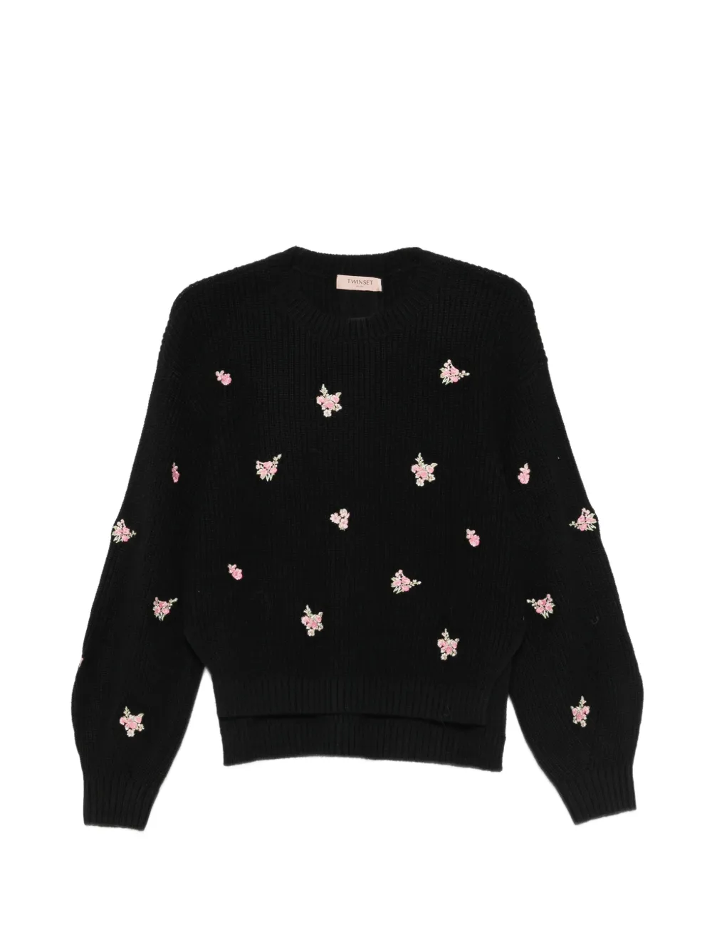 TWINSET floral-embroidered ribbed-knit sweater - Nero