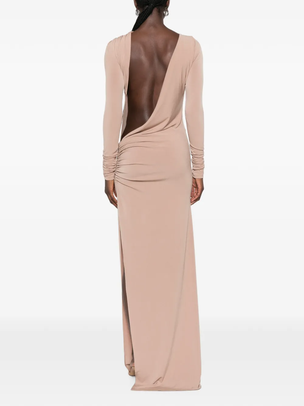 THE ANDAMANE Sophie maxi-jurk met open rug en ruches Beige