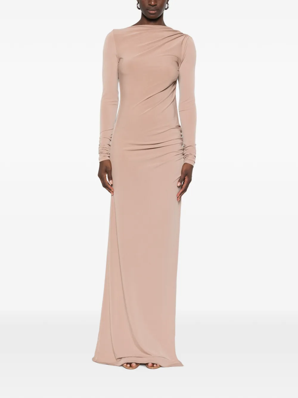 THE ANDAMANE Sophie maxi-jurk met open rug en ruches Beige