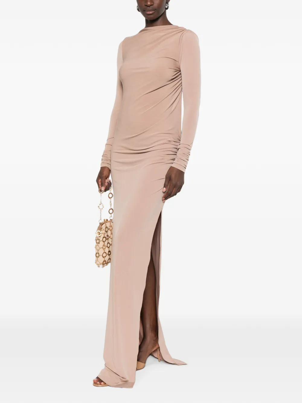 THE ANDAMANE Sophie maxi-jurk met open rug en ruches Beige