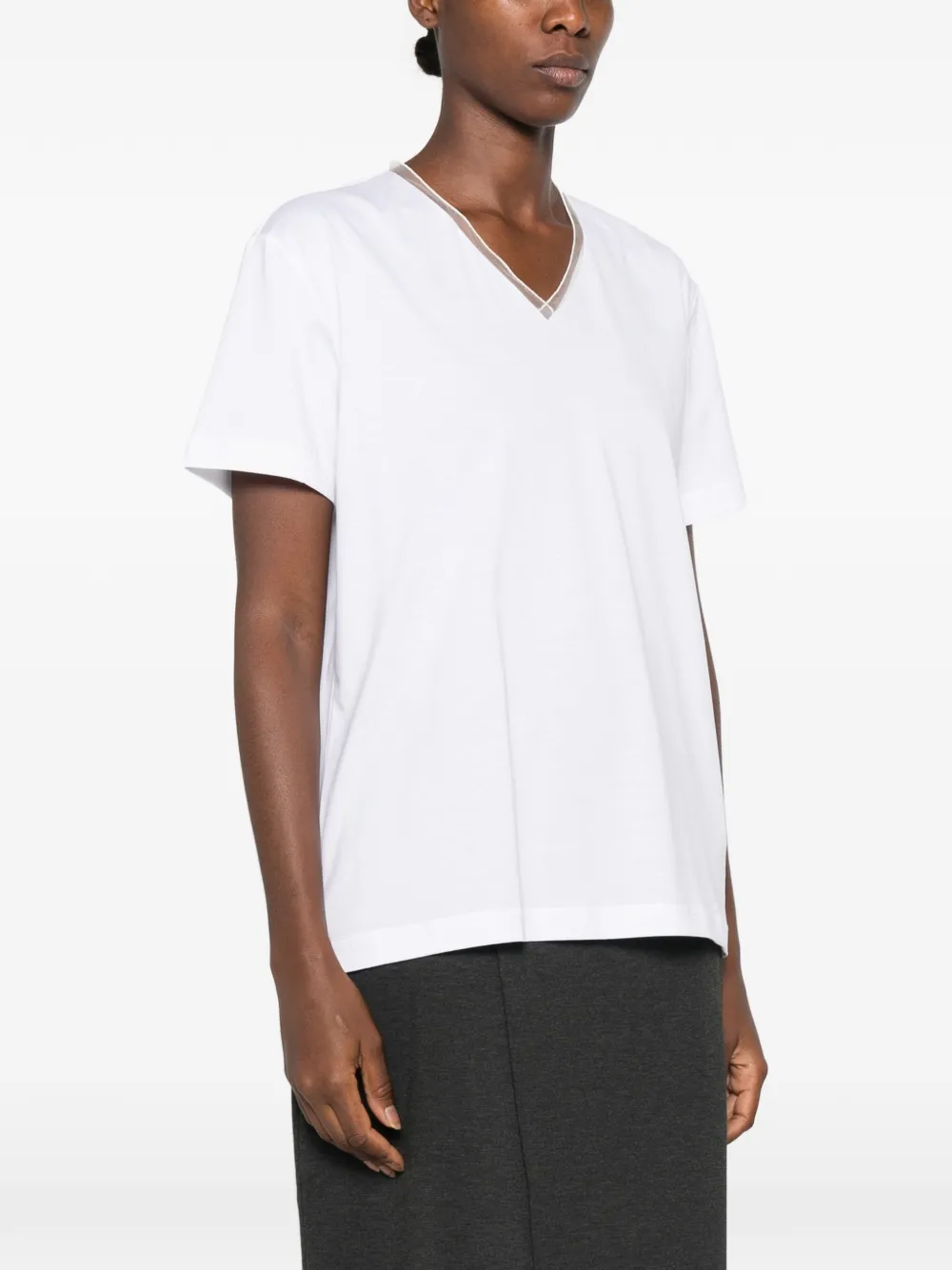 Fabiana Filippi tulle-trim V-neck T-shirt Wit