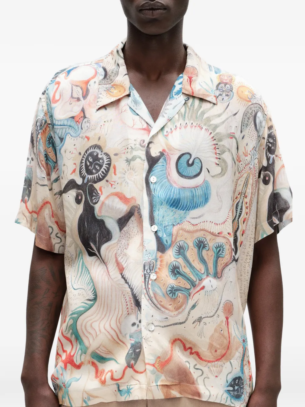 Endless Joy Eternal Squid overhemd met surrealistische print en korte mouwen Beige
