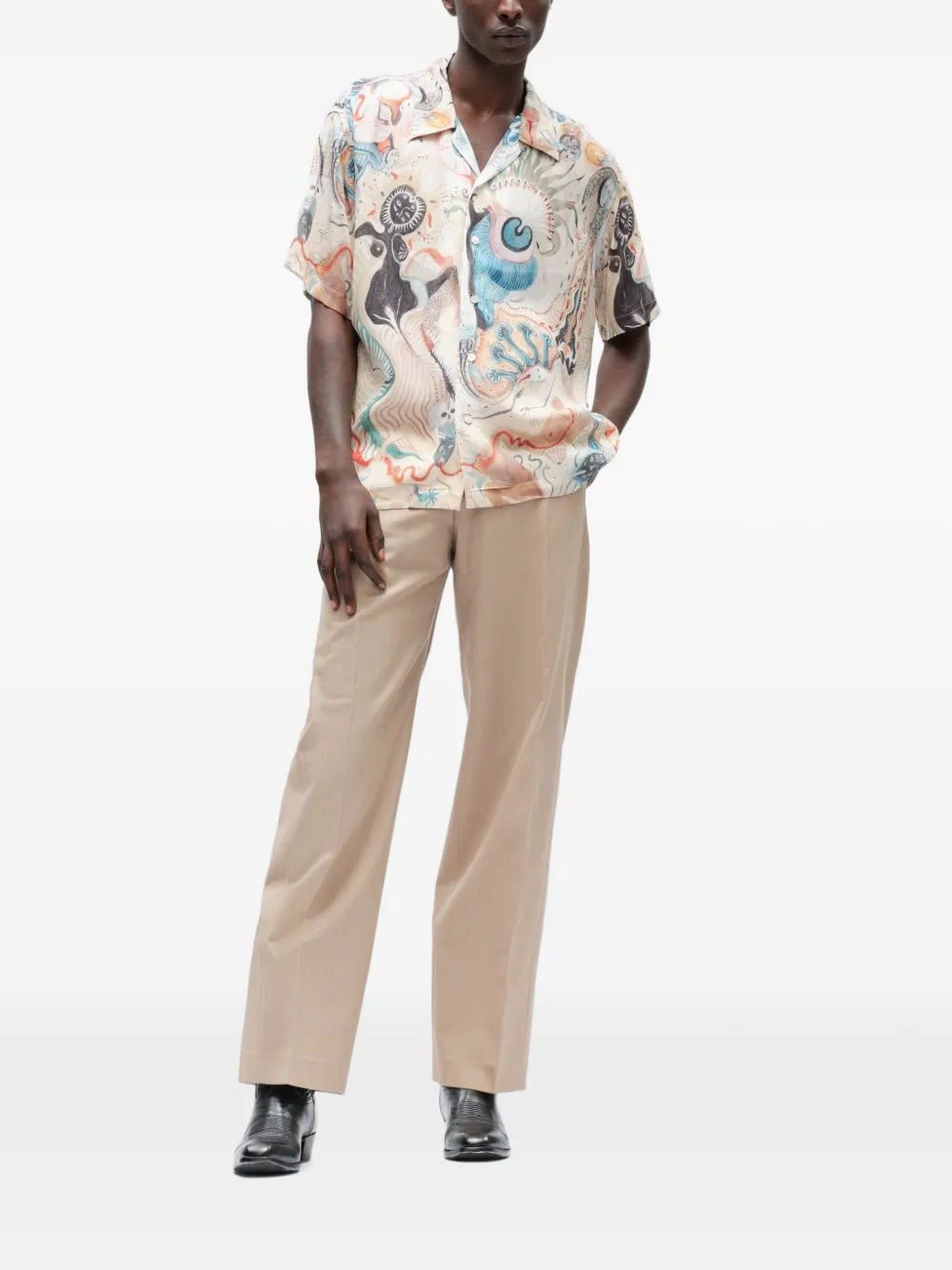 Endless Joy Eternal Squid overhemd met surrealistische print en korte mouwen Beige