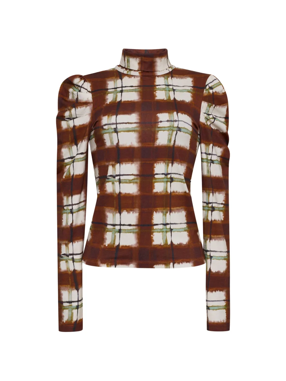 Cara Cara Chira Plaid Puff-sleeve T-shirt In Brown