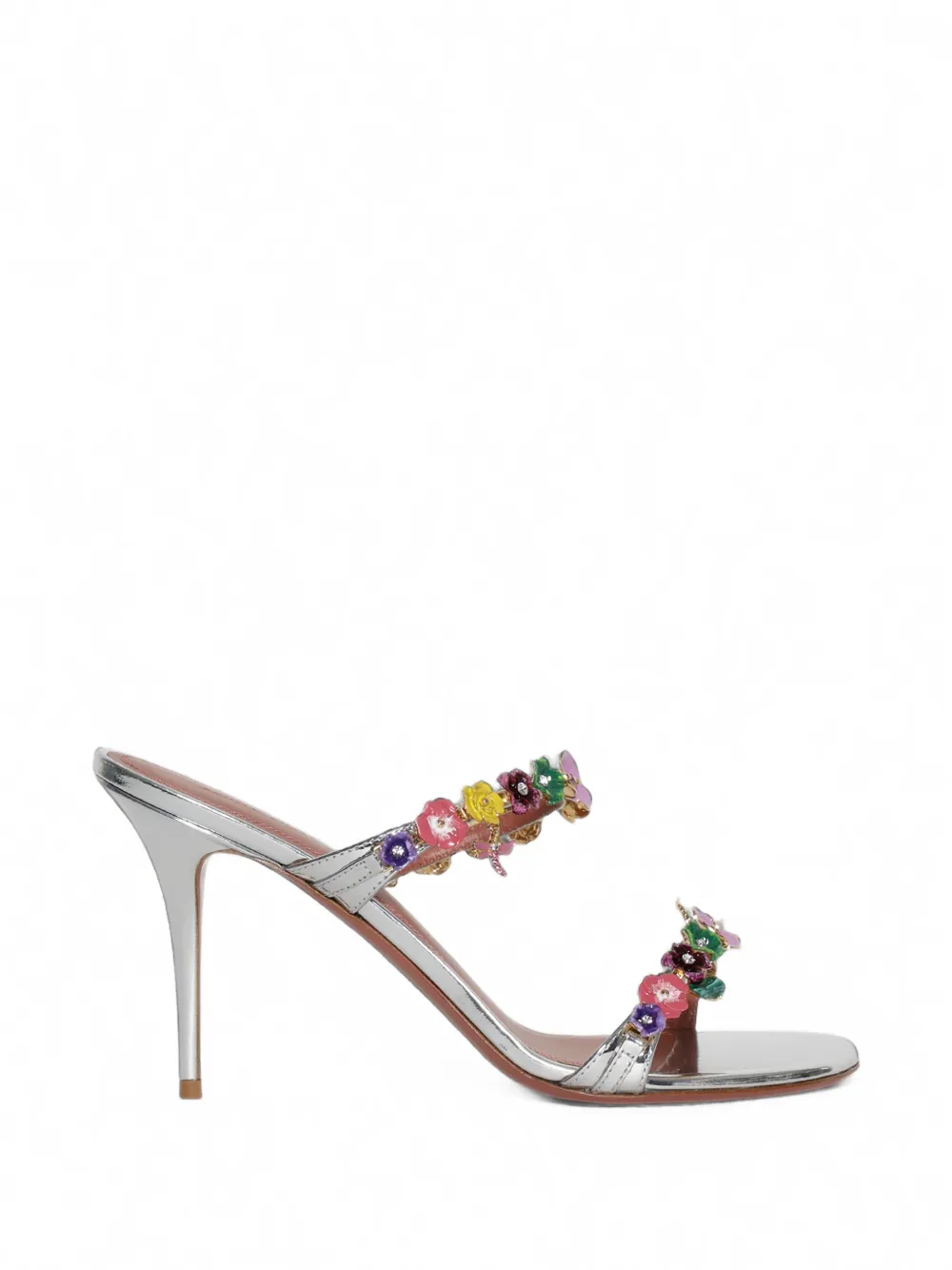 Amina Muaddi Vittoria slipper sandals silver mirror + flowers Zilver