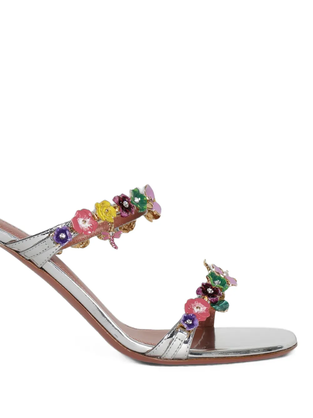 Amina Muaddi Vittoria slipper sandals silver mirror + flowers Zilver