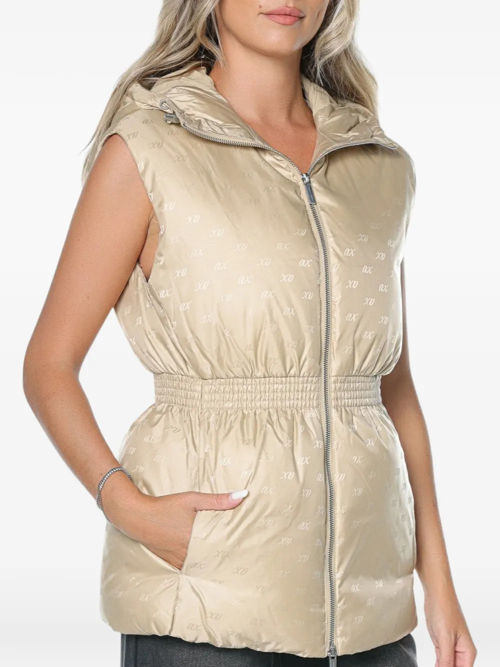 Armani Exchange logo-print hooded sleeveless jacket Beige