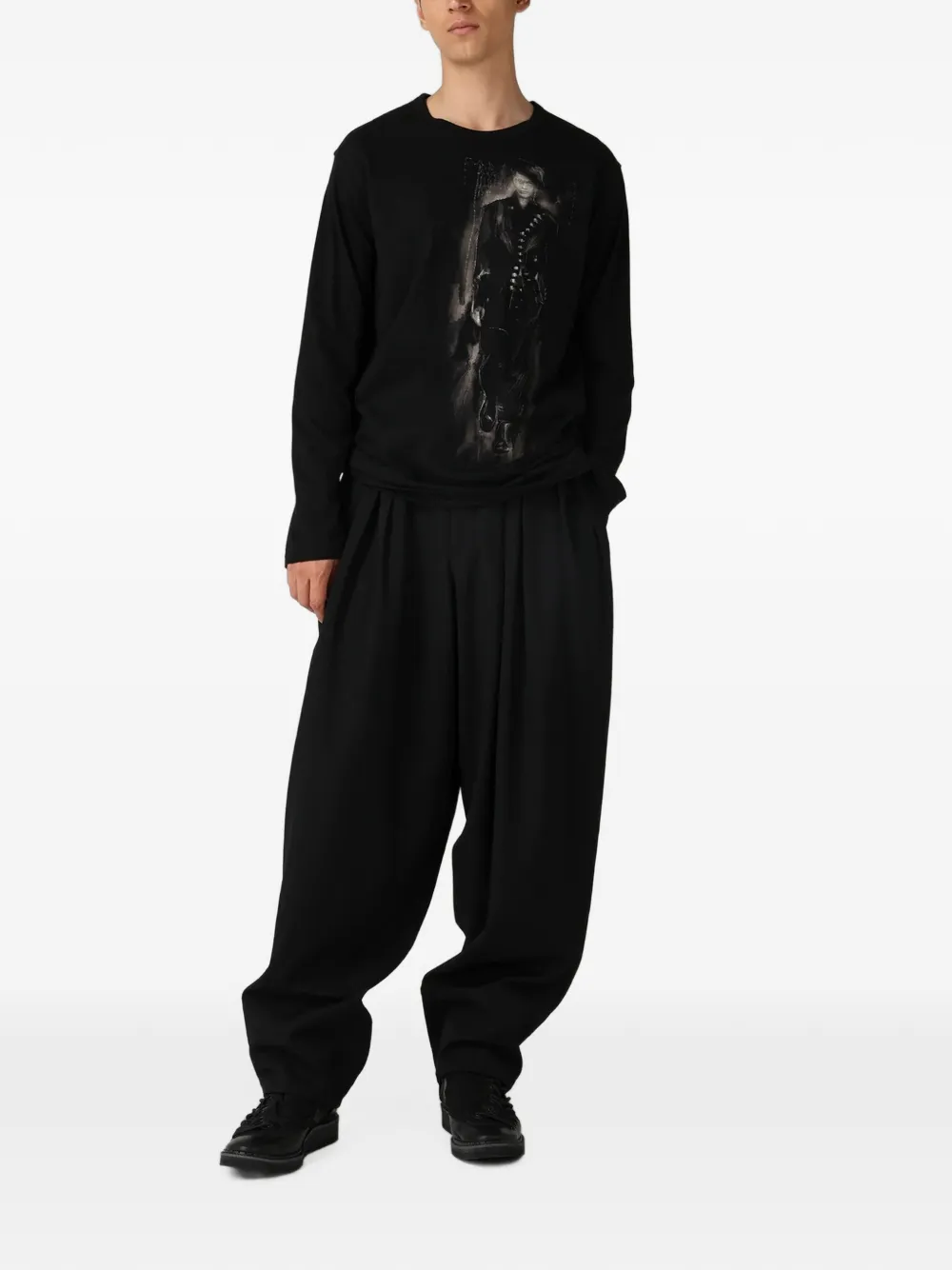 Yohji Yamamoto T-shirt met grafische print en lange mouwen Zwart