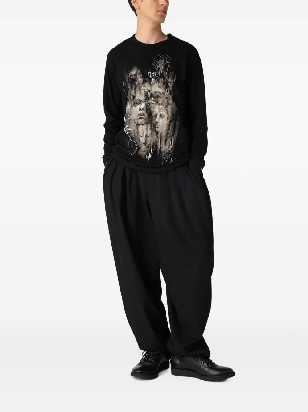 Yohji Yamamoto T-shirt met grafische print en lange mouwen Zwart