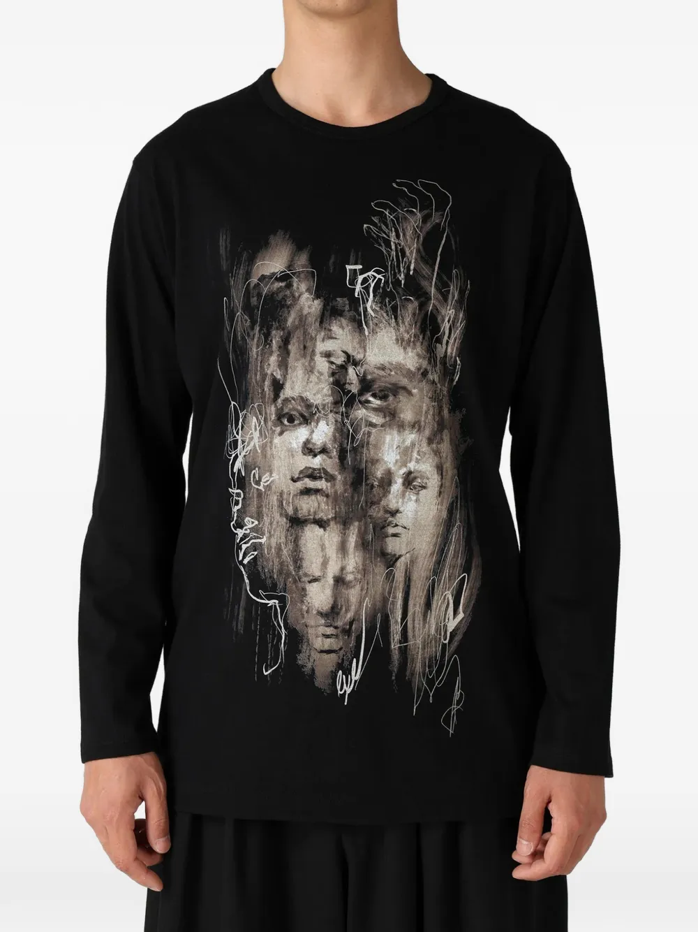 Yohji Yamamoto T-shirt met grafische print en lange mouwen Zwart