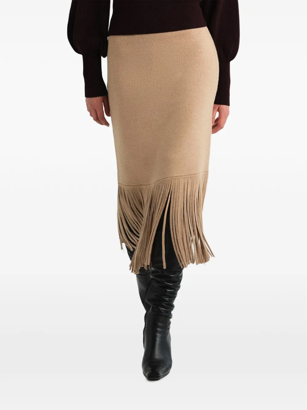 Cara Delphi midi-rok met franje afwerking Beige