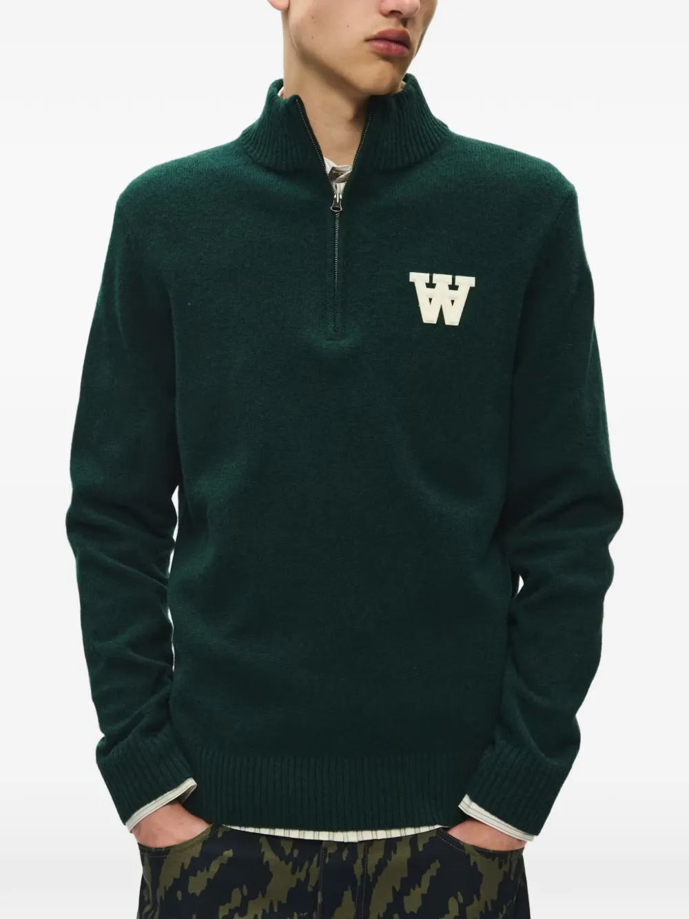 Wood Trui met logopatch en rits Groen