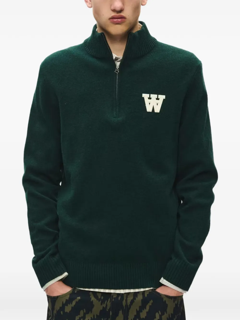 Wood Trui met logopatch en rits Groen