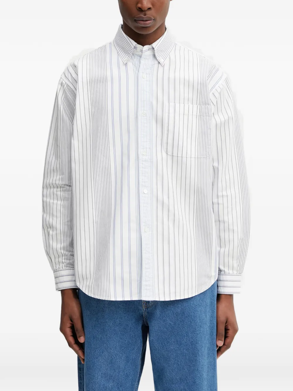 Beams Vertical-stripe Patch-pocket Shirt In White