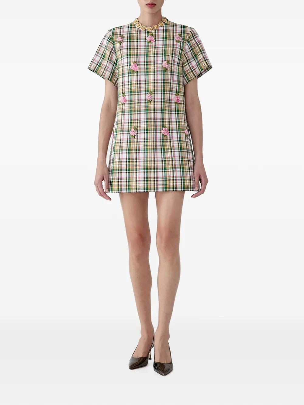 Carolina Herrera Verfraaide geruite mini-jurk Wit