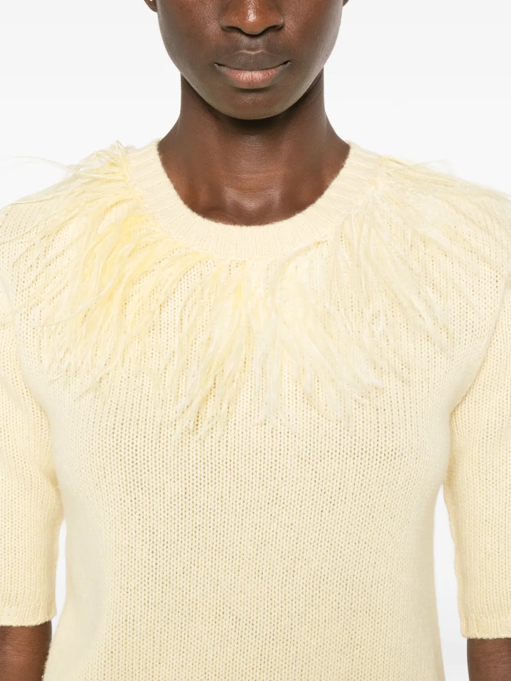 Fabiana Filippi feather-trim short-sleeve Sweater | Yellow | FARFETCH