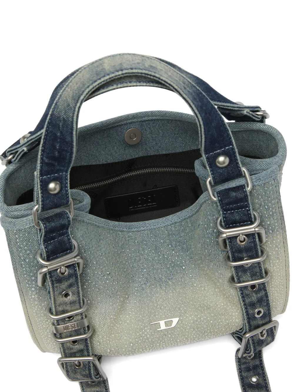 Diesel D-One kleine denim tas met handvat en kristallen Blauw