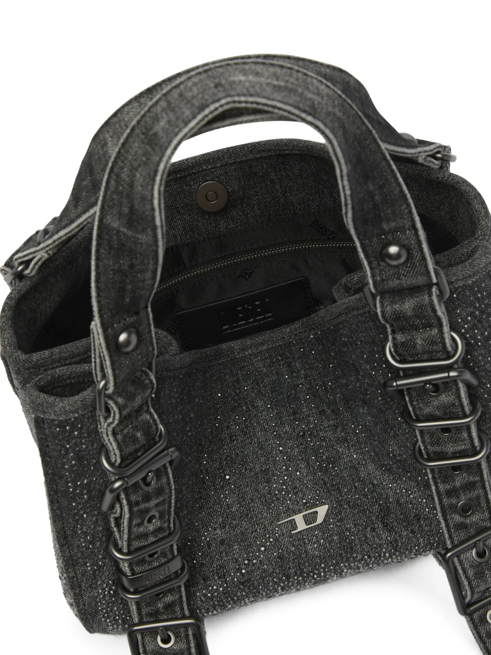 Diesel Kleine D-One denim tas met handvat en kristallen Grijs
