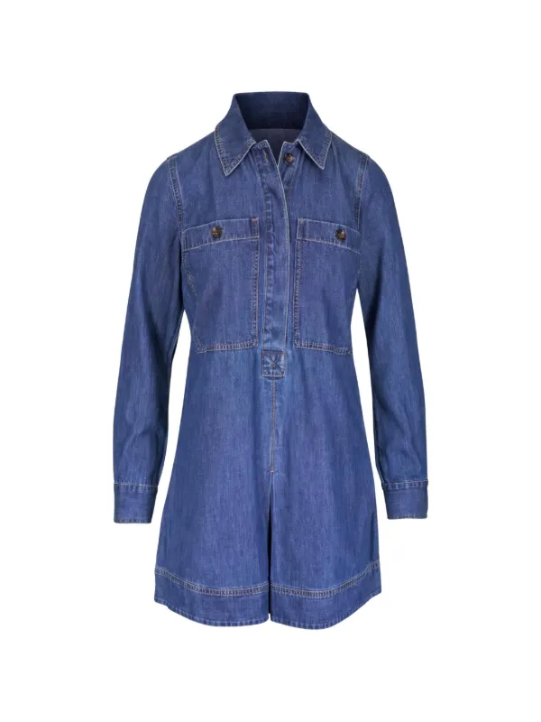 Veronica Beard Button-fastening Long-sleeve Mini Dress in Blue