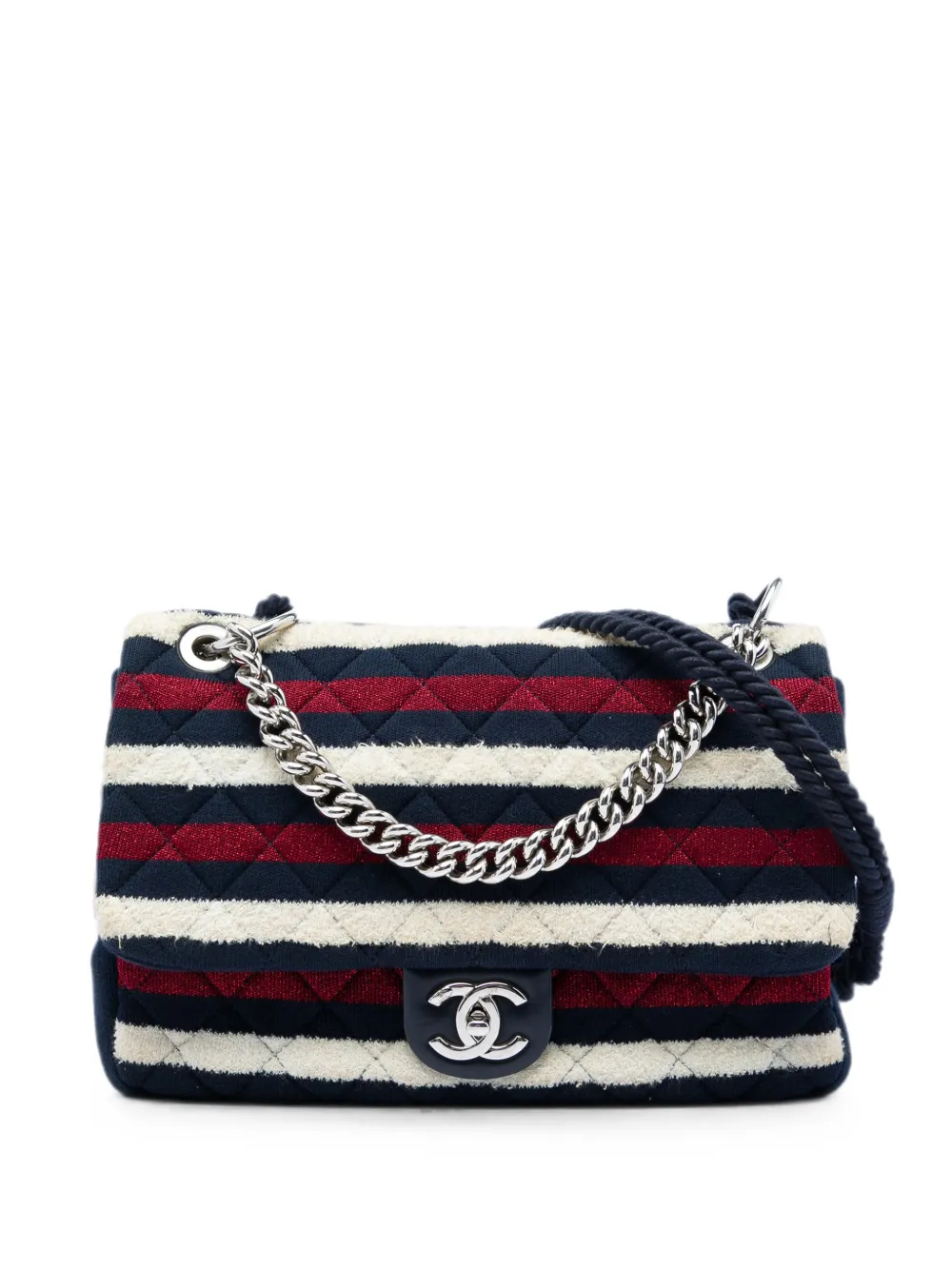CHANEL Pre-Owned 2018-2019 Jumbo Stripe Jersey Felt and Rope Flap satchel - Blau