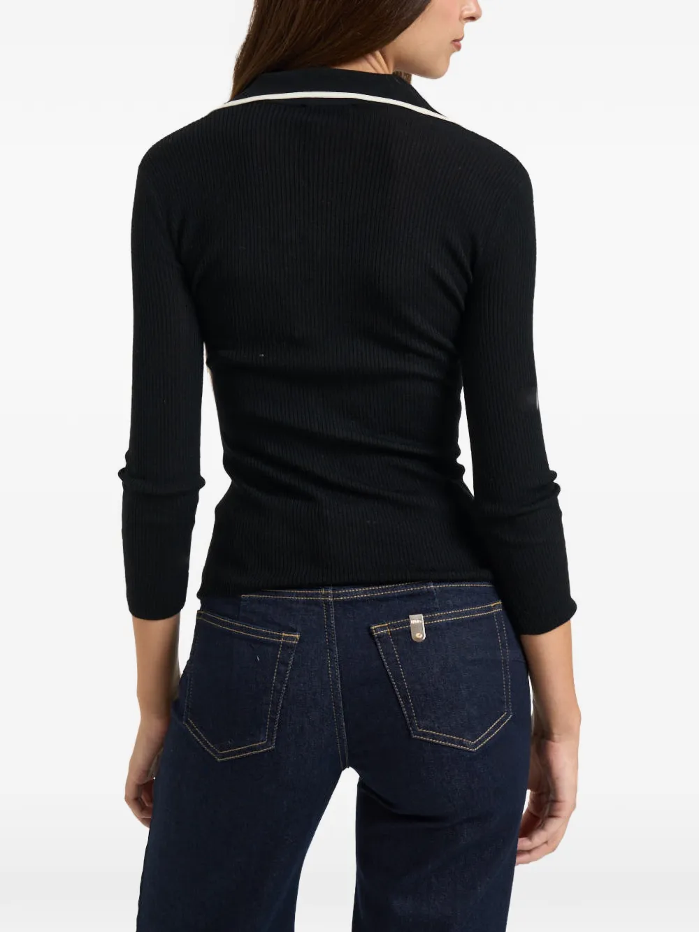 Elisabetta Franchi Ribgebreid poloshirt met logoplakkaat Zwart