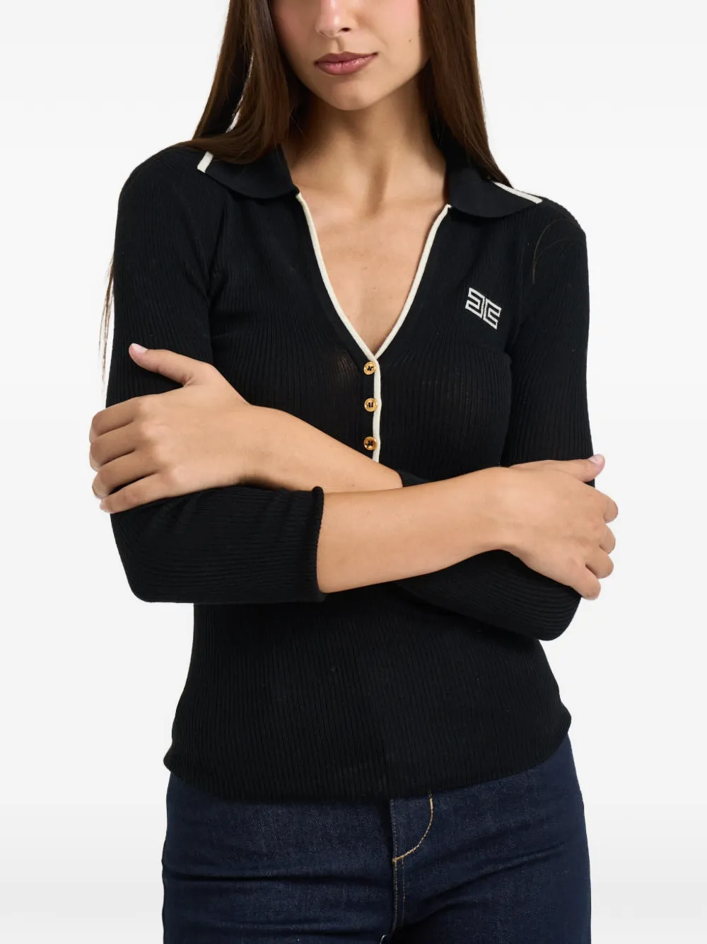 Elisabetta Franchi Ribgebreid poloshirt met logoplakkaat Zwart