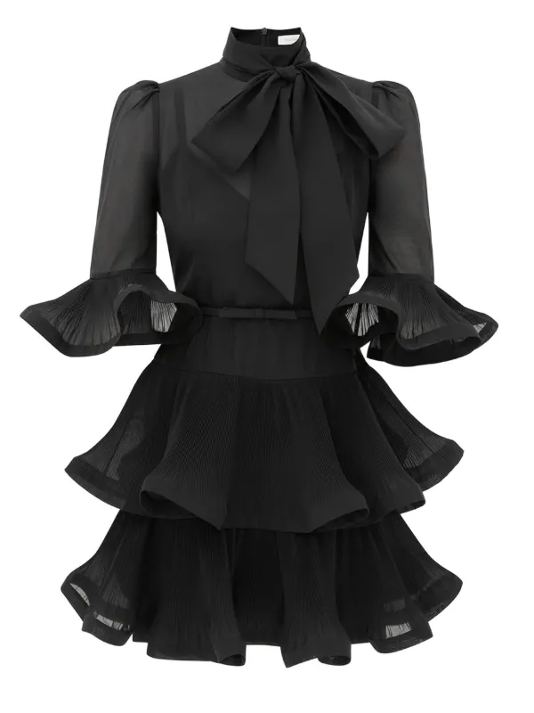 zimmermann layered dress Pleated Sleeved Mini | Black Colour_Neutrals