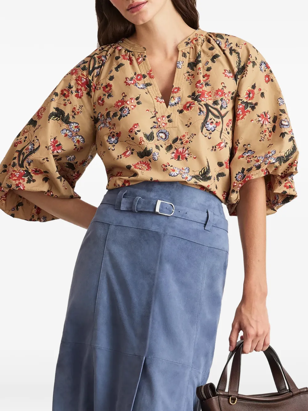 Tanya Taylor Marine top met pofmouwen en bloemenprint Beige