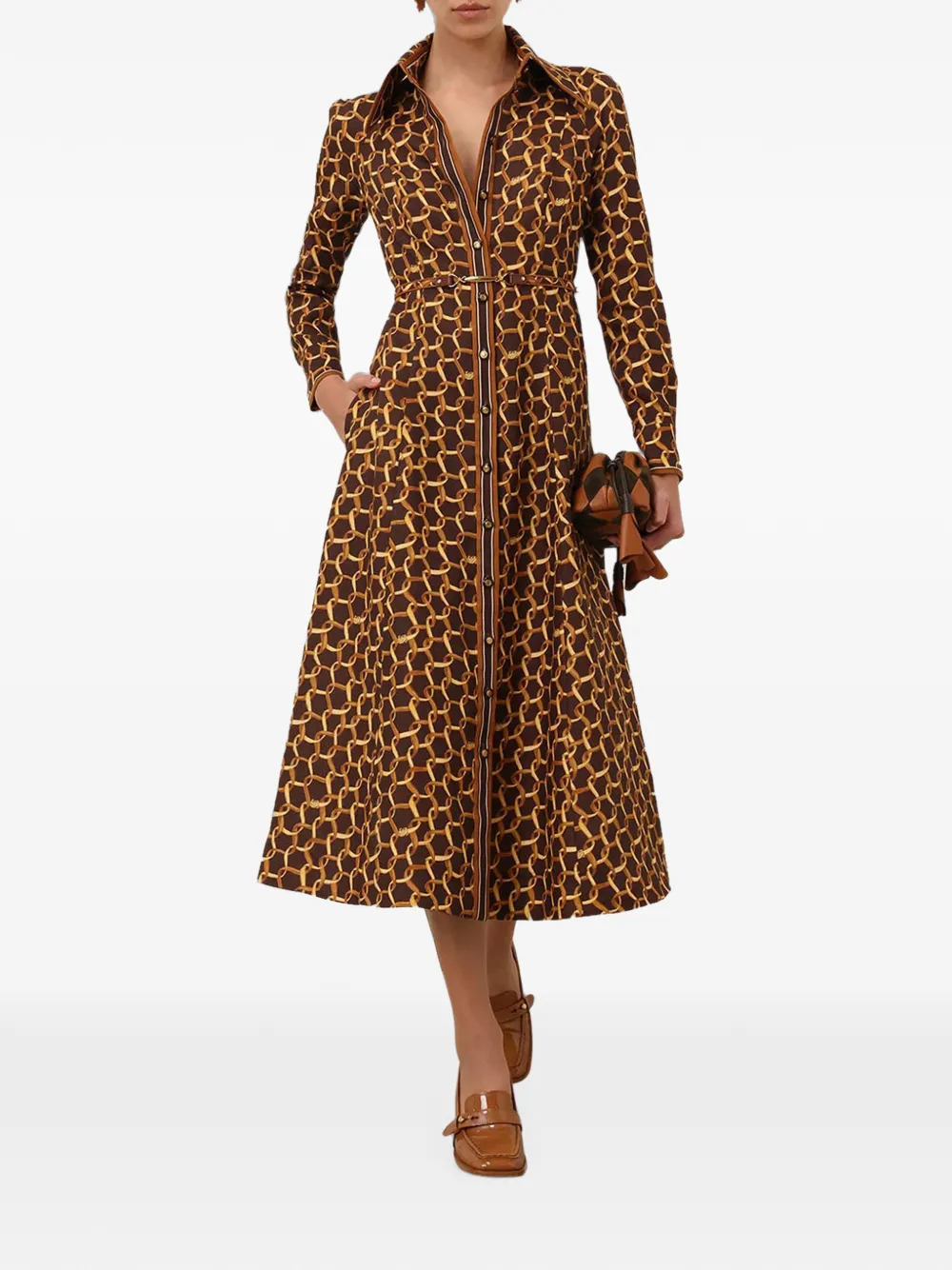 ZIMMERMANN Midi-jurk met ceintuur en ketting-print Bruin