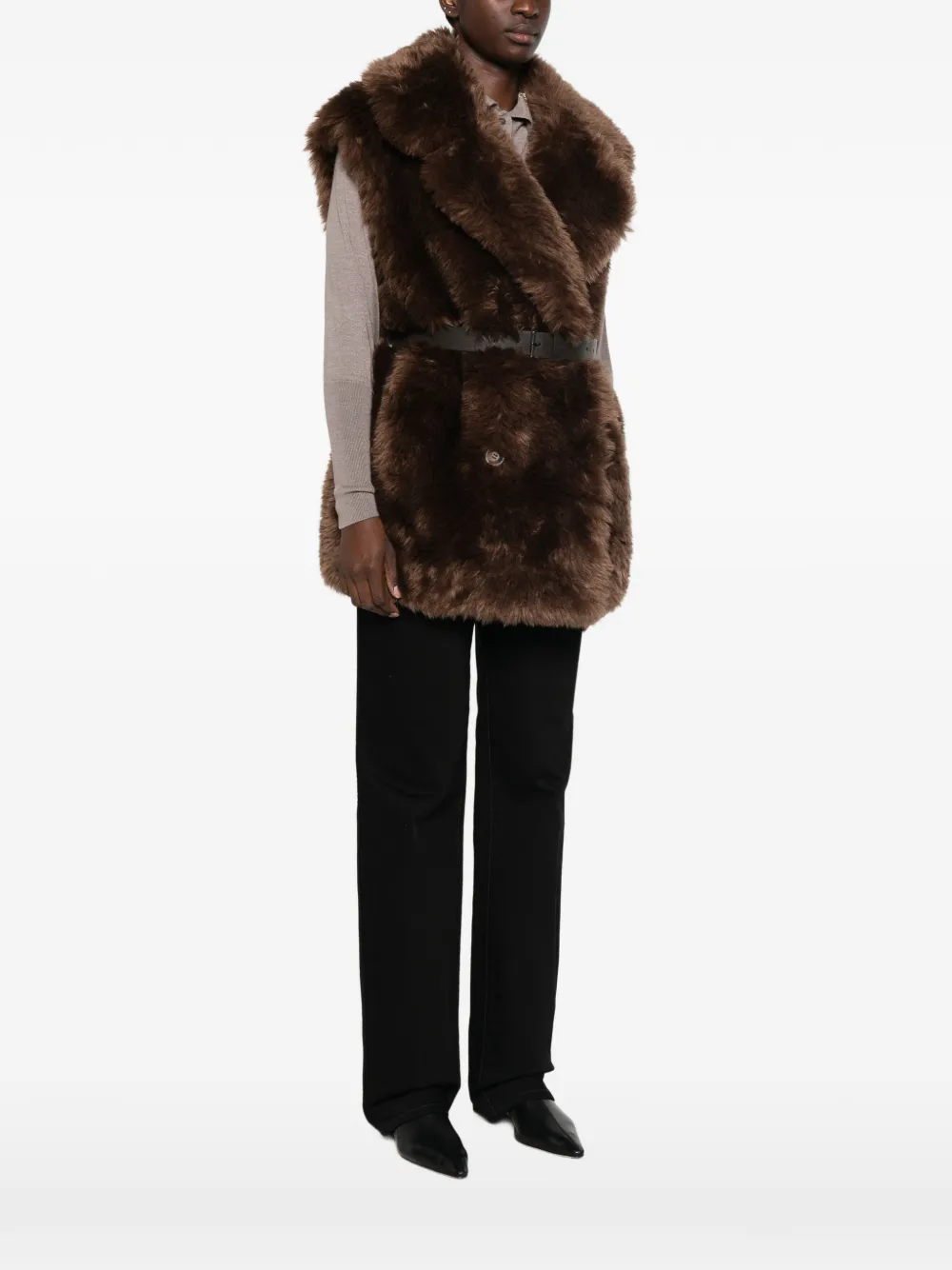 P.A.R.O.S.H. Gilet van imitatiebont met ceintuur Bruin