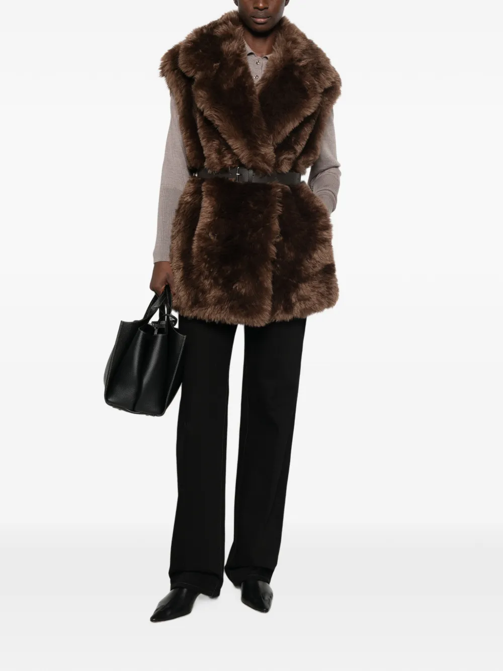 P.A.R.O.S.H. Gilet van imitatiebont met ceintuur Bruin