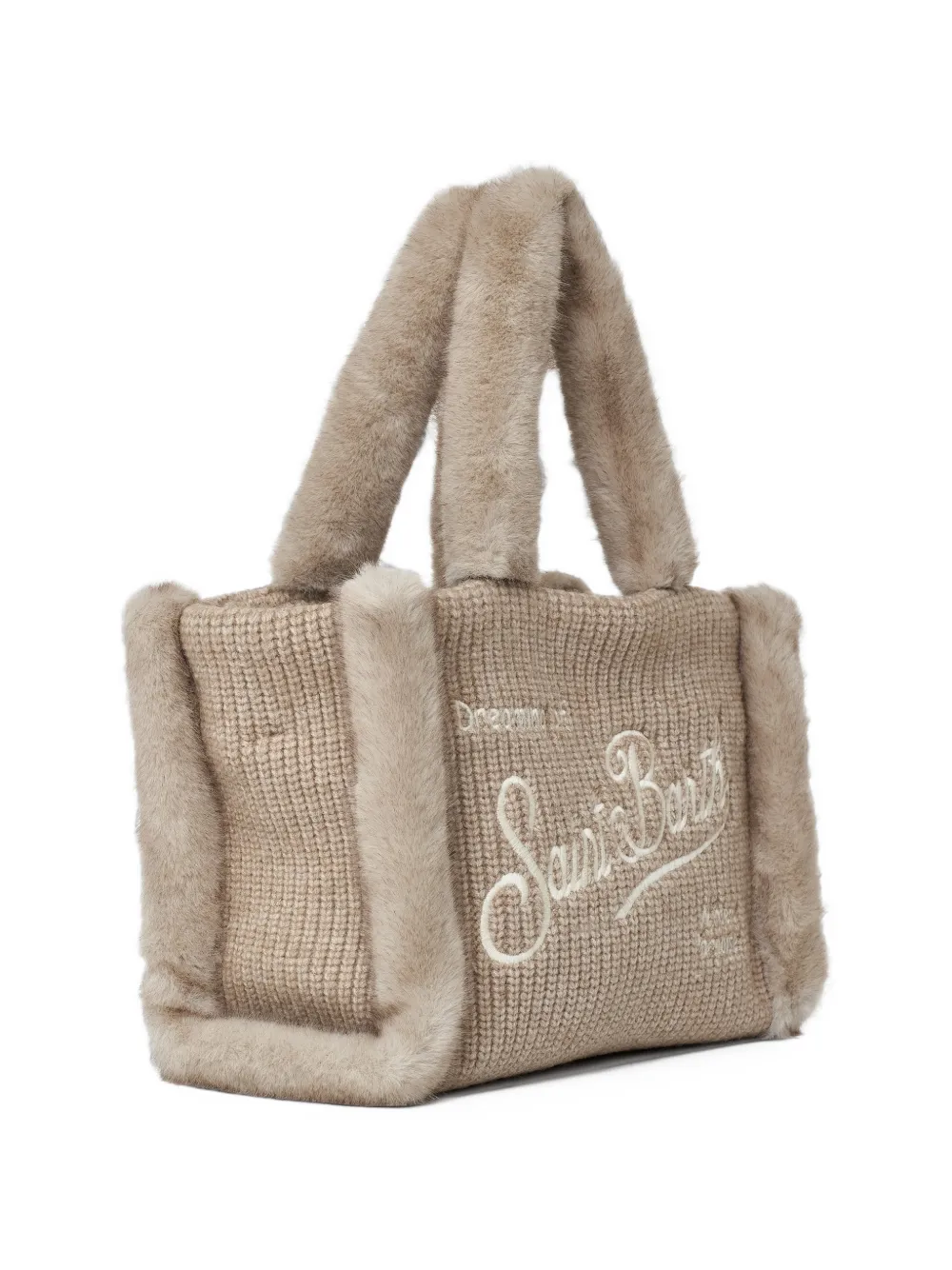 MC2 Saint Barth beige Colette ribbed faux-shearling handbag with logo embroidery