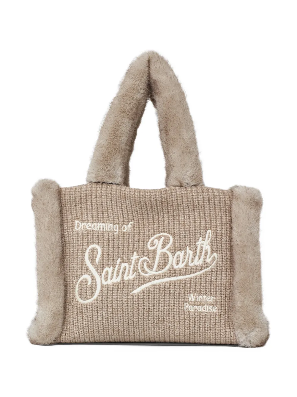 MC2 Saint Barth beige Colette ribbed faux-shearling handbag with logo embroidery