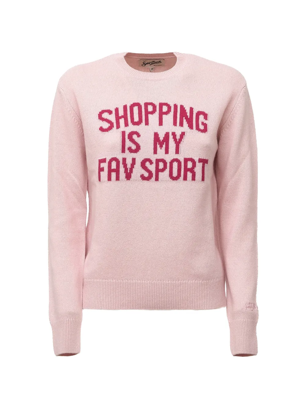 MC2 Saint Barth New Queen roze gebreide trui met ronde hals en Shopping Is My Fav Sport-borduurwerk